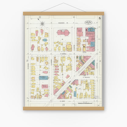 Old map wall art mockup — magnetic wood frame on white wall — Sanborn Fire Insurance Map from Madison, Dane County, Wisconsin (1902), Sheet #0005