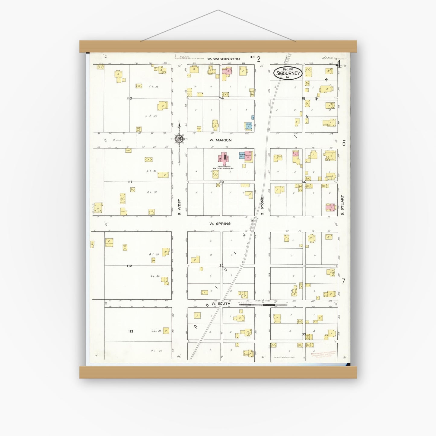 Old map wall art mockup — magnetic wood frame on white wall — Sanborn Fire Insurance Map from Sigourney, Kiokuk County, Iowa (1916), Sheet #0004