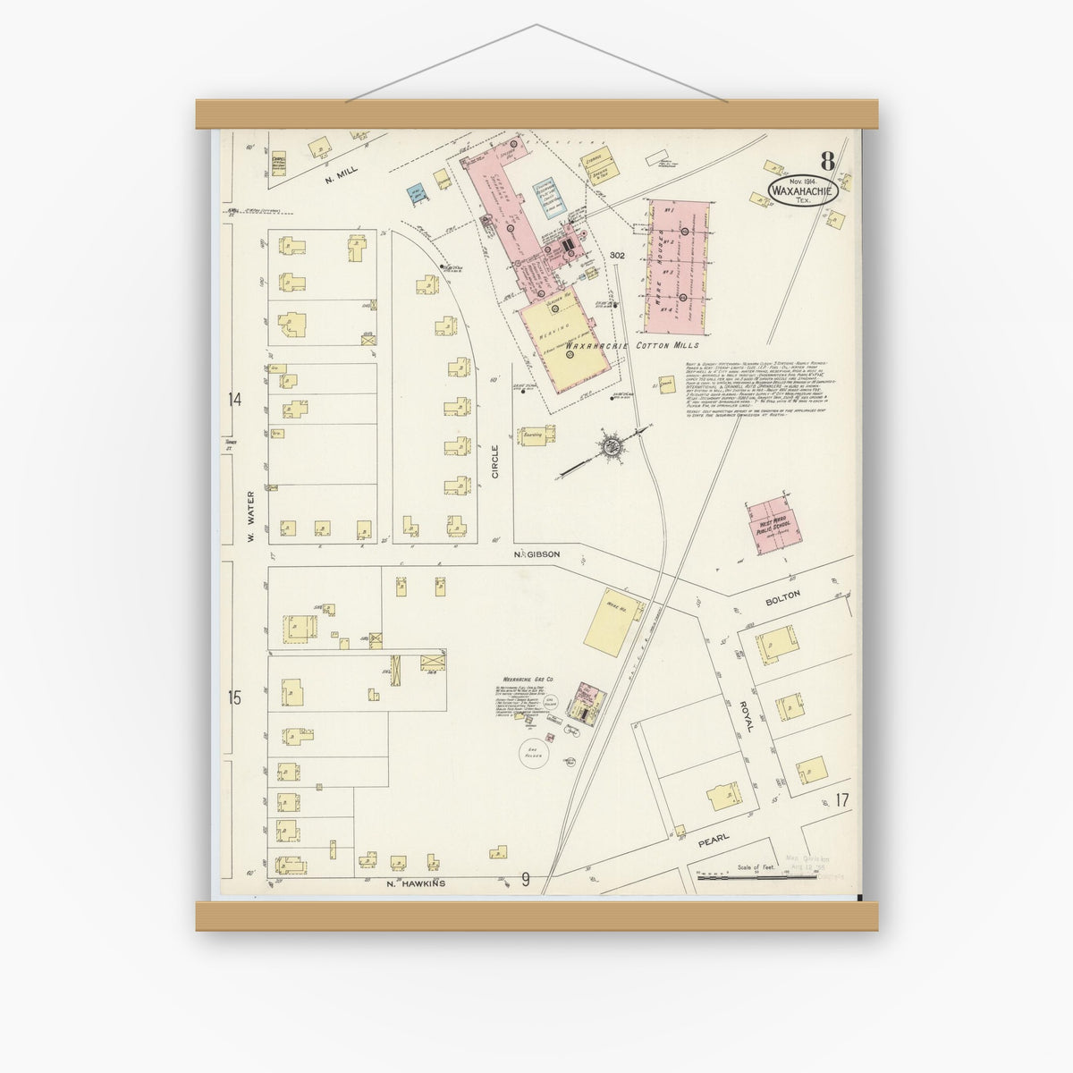 Old map wall art mockup — magnetic wood frame on white wall — Sanborn Fire Insurance Map from Waxahachie, Ellis County, Texas (1914), Sheet #0008