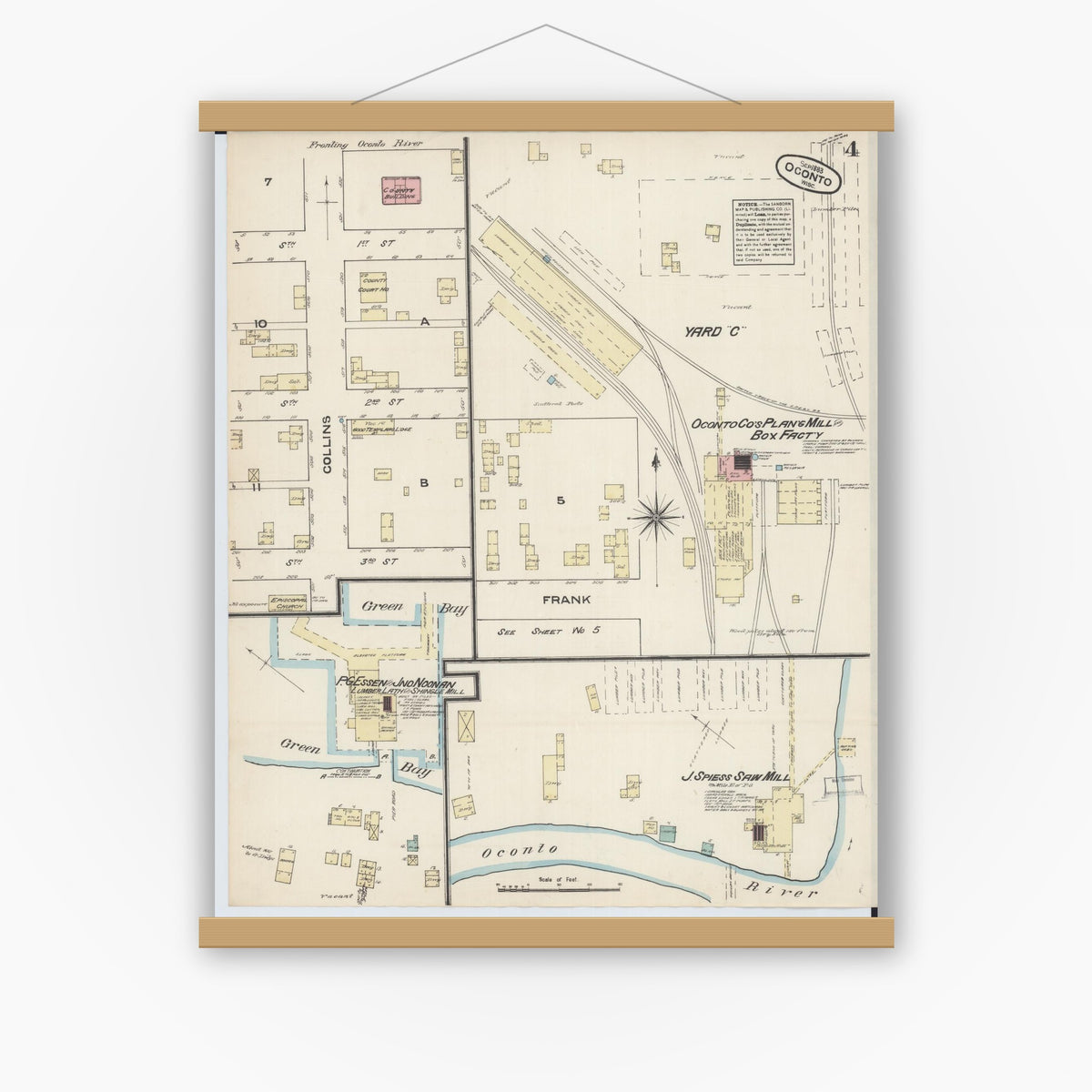 Old map wall art mockup — magnetic wood frame on white wall — Sanborn Fire Insurance Map from Oconto, Oconto County, Wisconsin (1883), Sheet #0004