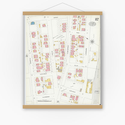 Old map wall art mockup — magnetic wood frame on white wall — Sanborn Fire Insurance Map from El Paso, El Paso County, Texas (1905), Sheet #0027
