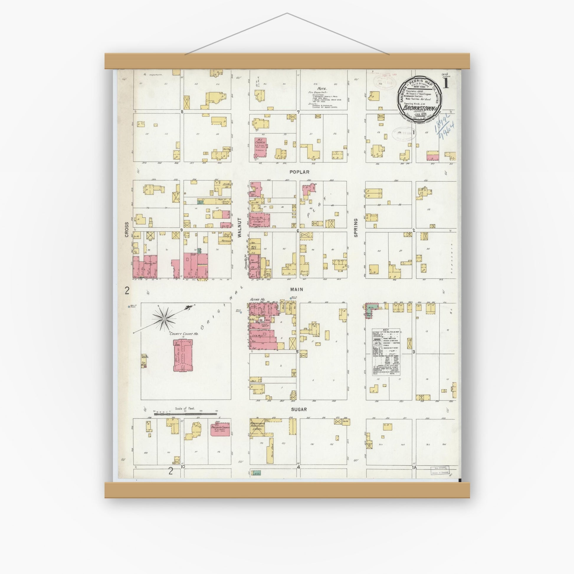 Old map wall art mockup — magnetic wood frame on white wall — Sanborn Fire Insurance Map from Brownstown, Jackson County, Indiana (1899) - Complete Map Set