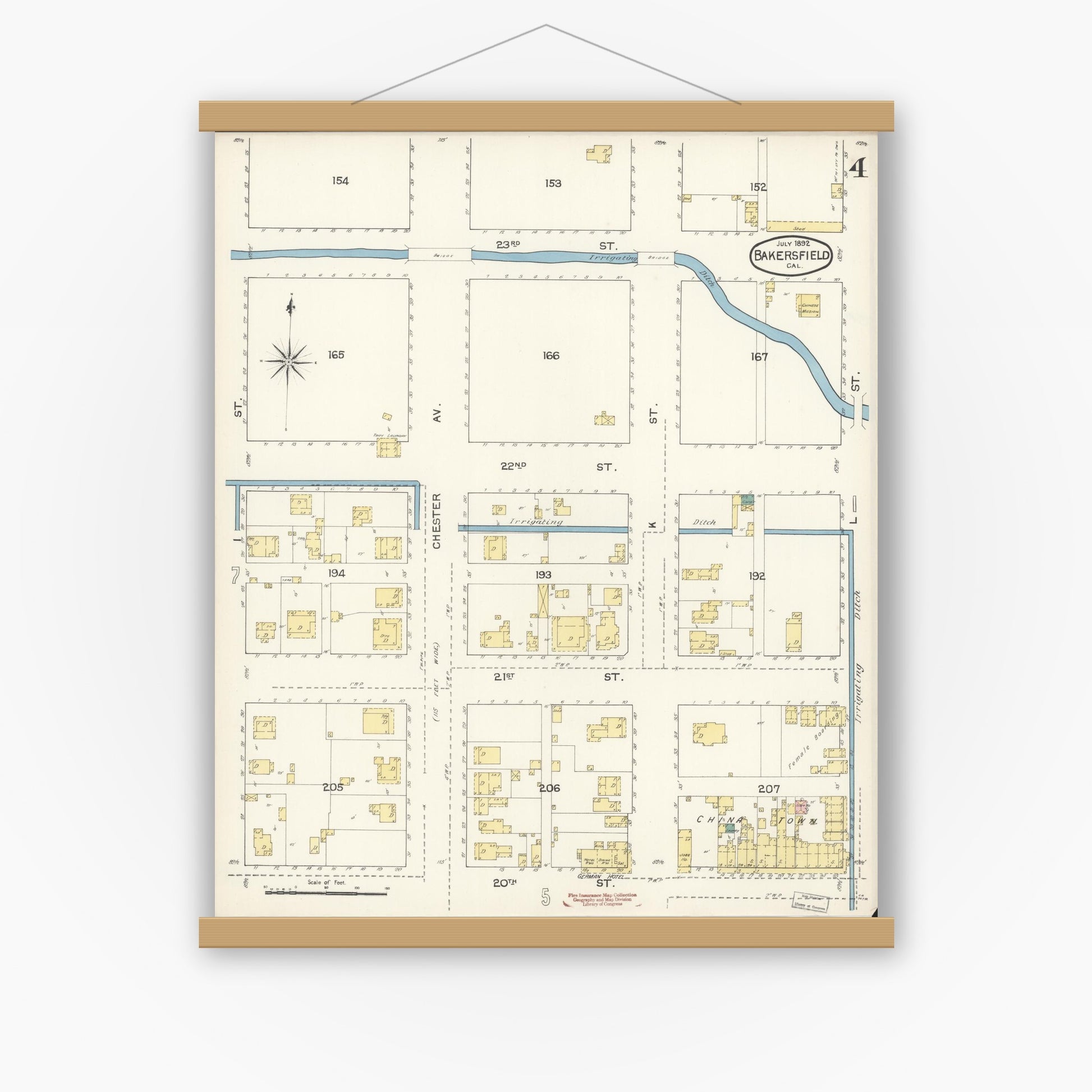 Old map wall art mockup — magnetic wood frame on white wall — Sanborn Fire Insurance Map from Bakersfield, Kern County, California (1892), Sheet #0004