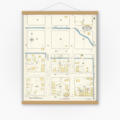 Old map wall art mockup — magnetic wood frame on white wall — Sanborn Fire Insurance Map from Bakersfield, Kern County, California (1892), Sheet #0004