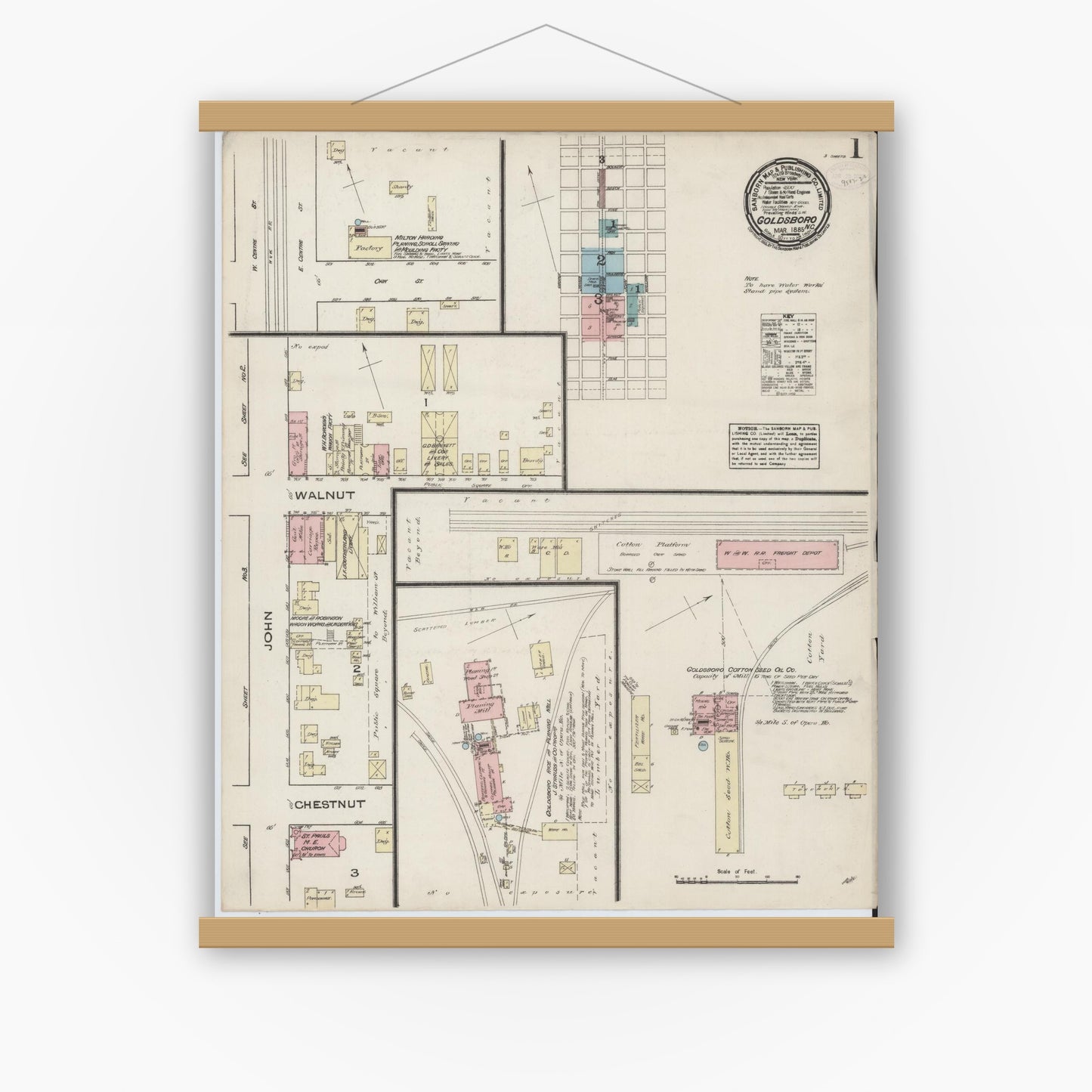 Old map wall art mockup — magnetic wood frame on white wall — Sanborn Fire Insurance Map from Goldsboro, Wayne County, North Carolina (1885) - Complete Map Set