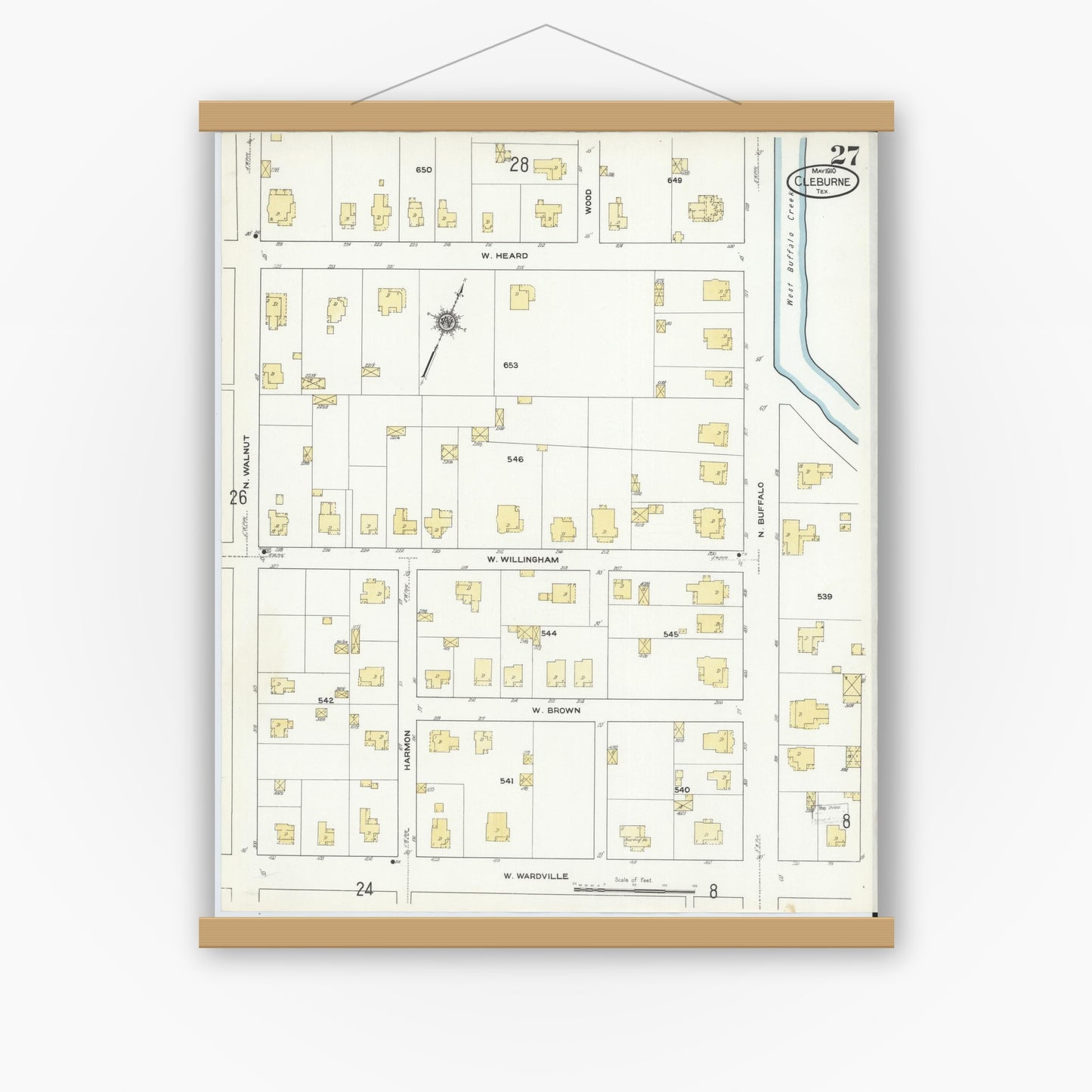 Old map wall art mockup — magnetic wood frame on white wall — Sanborn Fire Insurance Map from Cleburne, Johnson County, Texas (1910), Sheet #0027