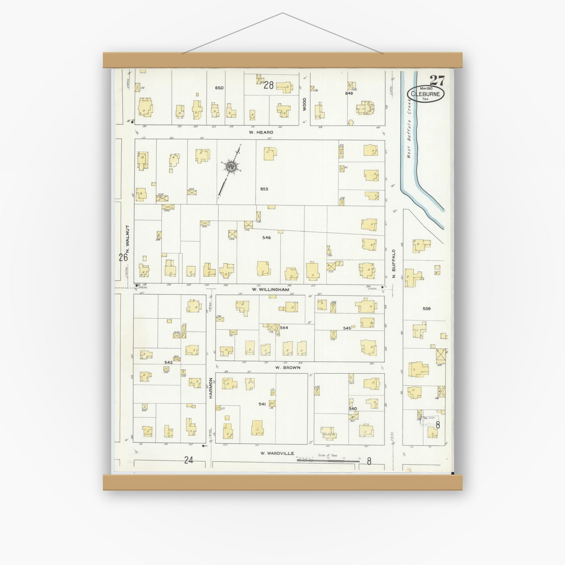 Old map wall art mockup — magnetic wood frame on white wall — Sanborn Fire Insurance Map from Cleburne, Johnson County, Texas (1910), Sheet #0027