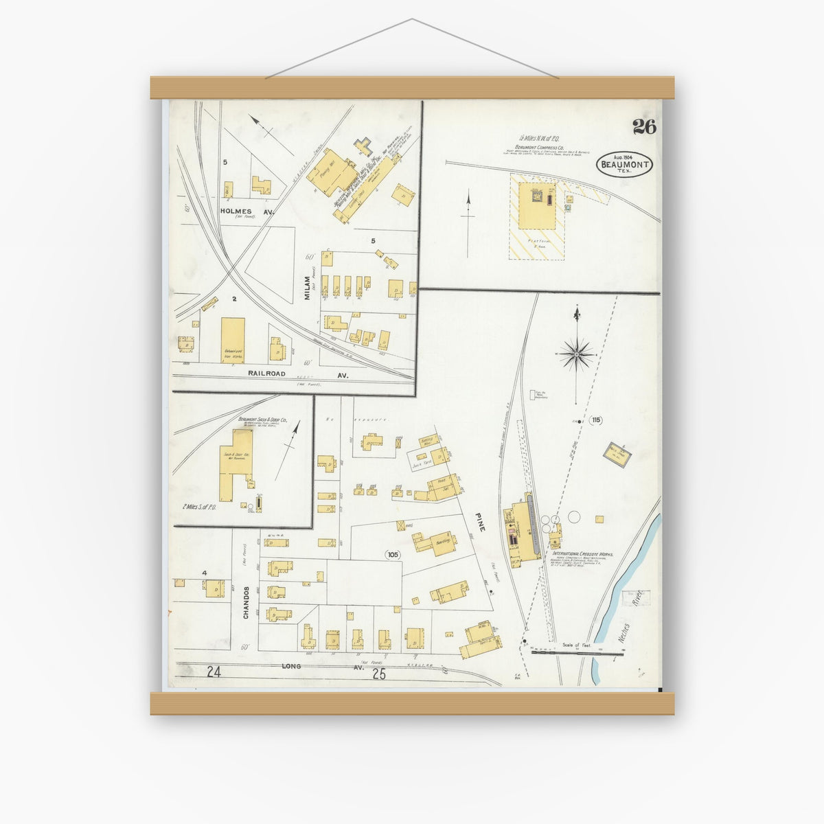 Old map wall art mockup — magnetic wood frame on white wall — Sanborn Fire Insurance Map from Beaumont, Jefferson County, Texas (1904), Sheet #0026