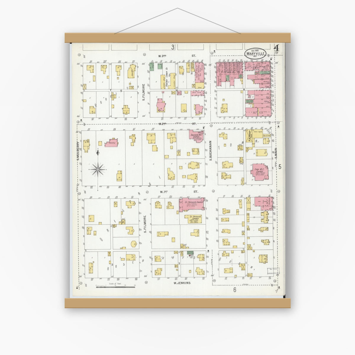 Old map wall art mockup — magnetic wood frame on white wall — Sanborn Fire Insurance Map from Maryville, Nodaway County, Missouri (1900), Sheet #0004