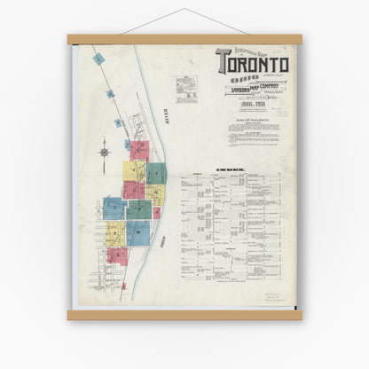 Old map wall art mockup — magnetic wood frame on white wall — Sanborn Fire Insurance Map from Toronto, Jefferson County, Ohio (1911), Sheet #0001