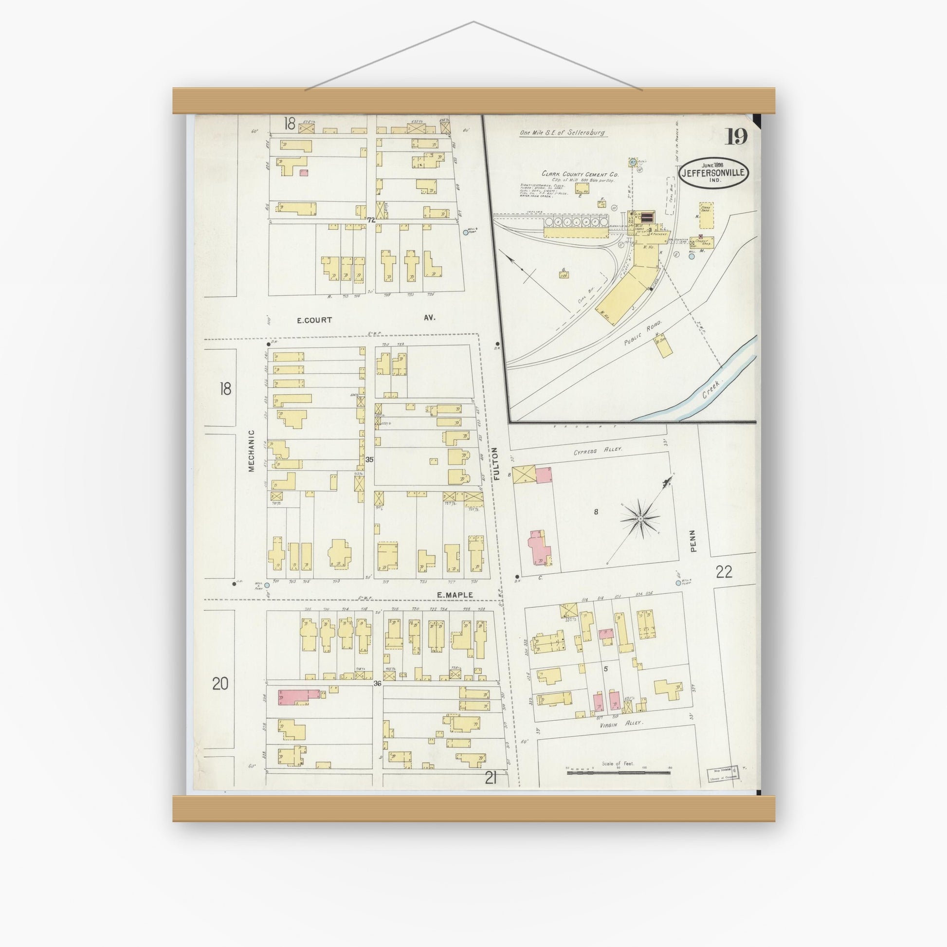 Old map wall art mockup — magnetic wood frame on white wall — Sanborn Fire Insurance Map from Jeffersonville, Clark County, Indiana (1898), Sheet #0019