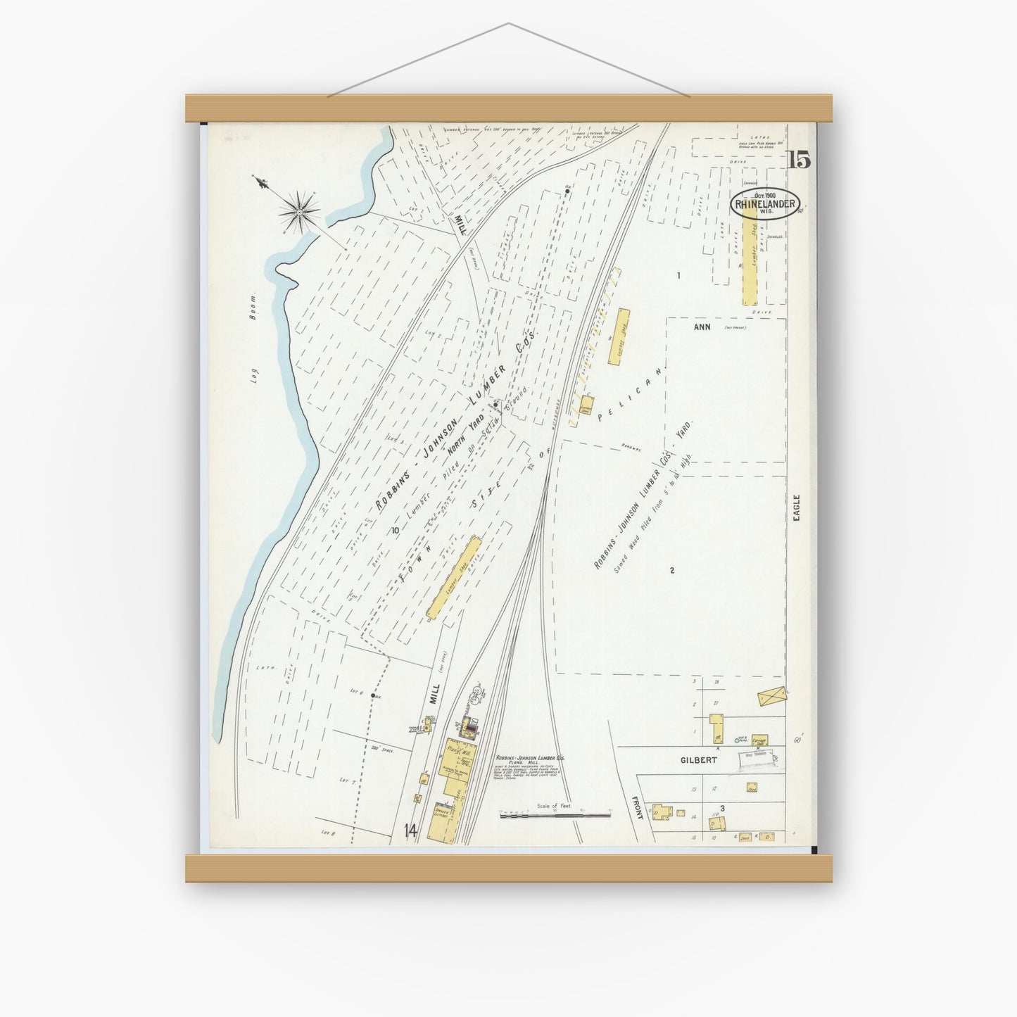 Old map wall art mockup — magnetic wood frame on white wall — Sanborn Fire Insurance Map from Rhinelander, Oneida County, Wisconsin (1900), Sheet #0015