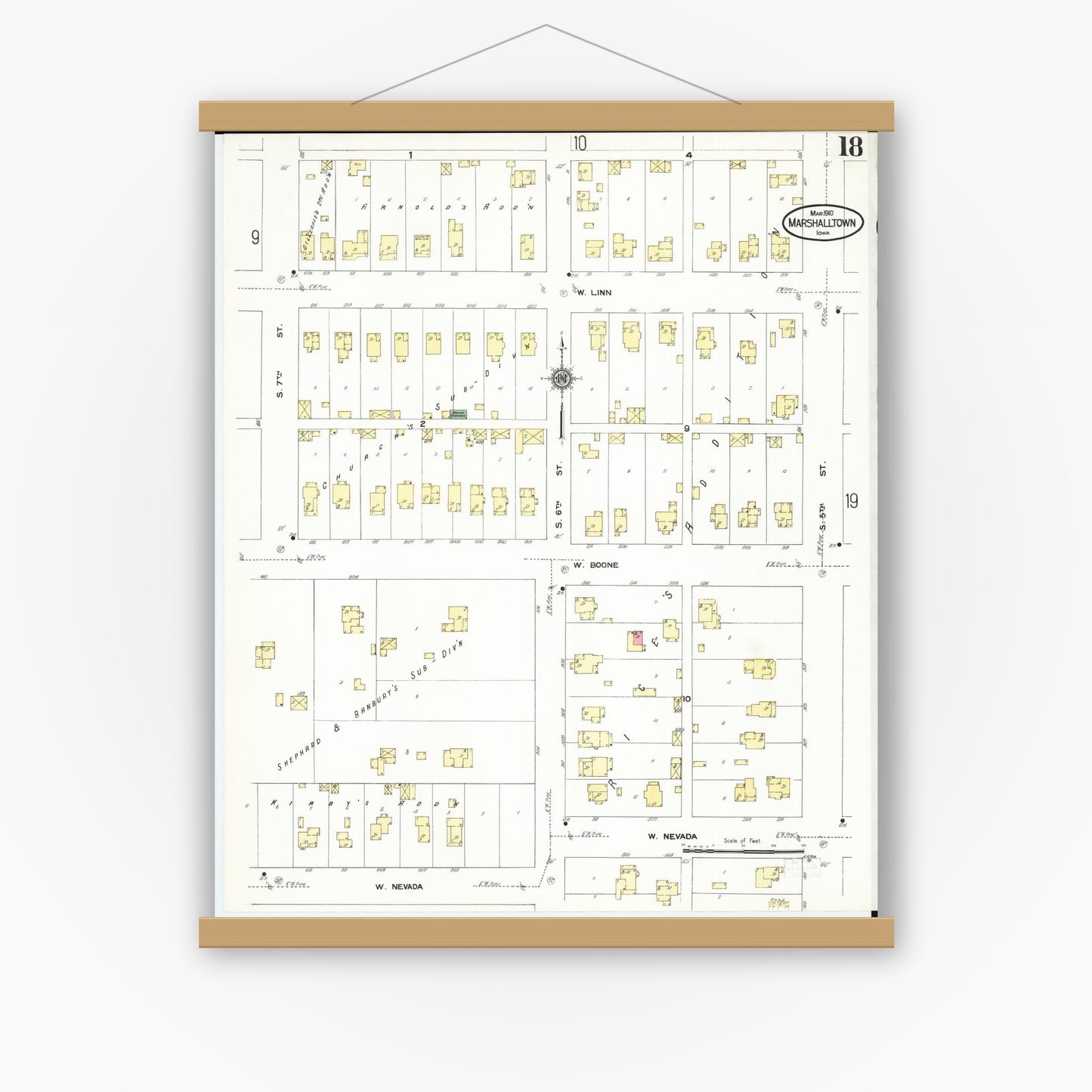 Old map wall art mockup — magnetic wood frame on white wall — Sanborn Fire Insurance Map from Marshalltown, Marshall County, Iowa (1910), Sheet #0018