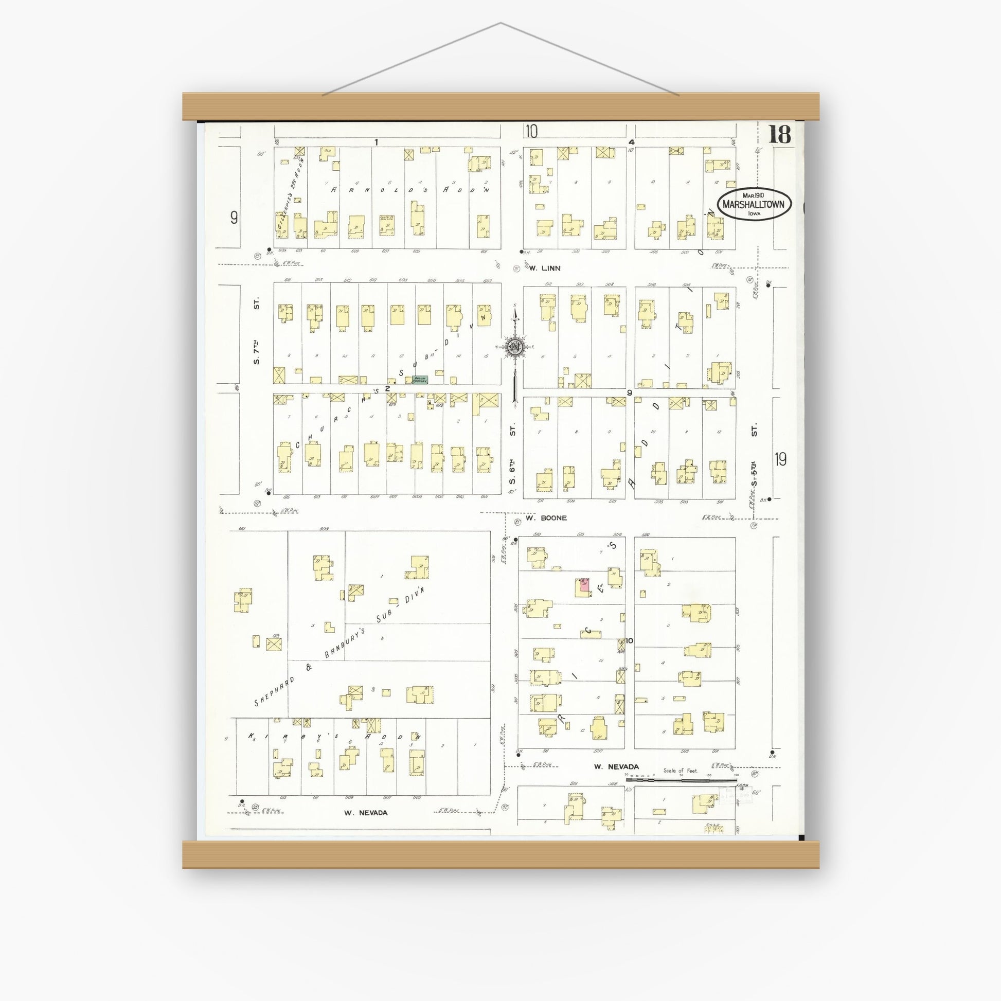 Old map wall art mockup — magnetic wood frame on white wall — Sanborn Fire Insurance Map from Marshalltown, Marshall County, Iowa (1910), Sheet #0018
