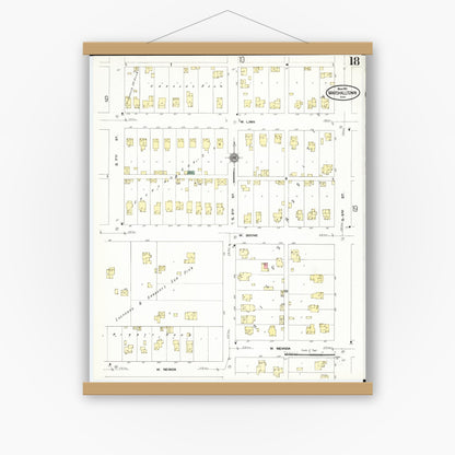 Old map wall art mockup — magnetic wood frame on white wall — Sanborn Fire Insurance Map from Marshalltown, Marshall County, Iowa (1910), Sheet #0018