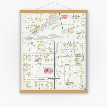 Old map wall art mockup — magnetic wood frame on white wall — Sanborn Fire Insurance Map from Charleston, Coles County, Illinois (1902), Sheet #0006