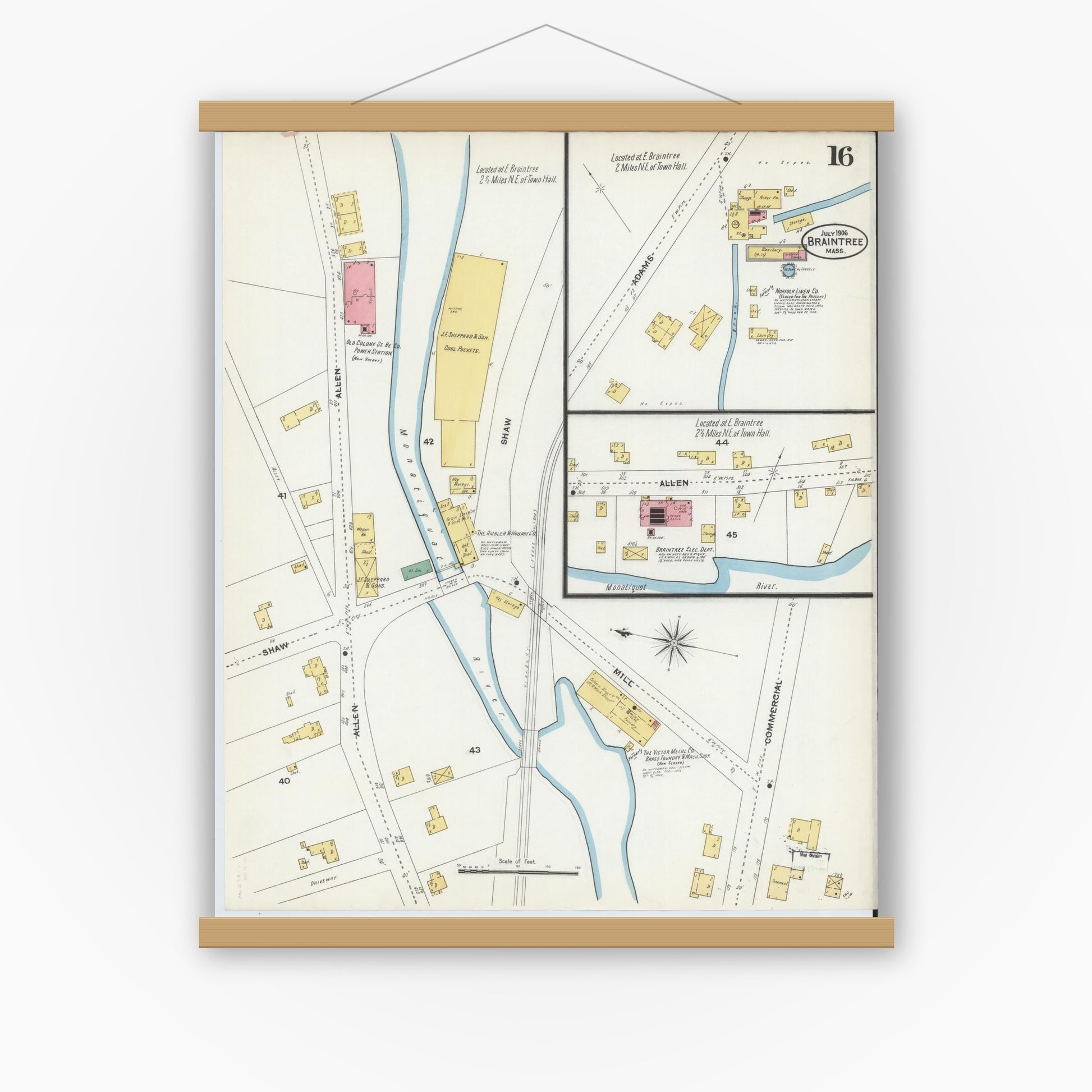 Old map wall art mockup — magnetic wood frame on white wall — Sanborn Fire Insurance Map from Braintree, Norfolk County, Massachusetts (1906), Sheet #0016