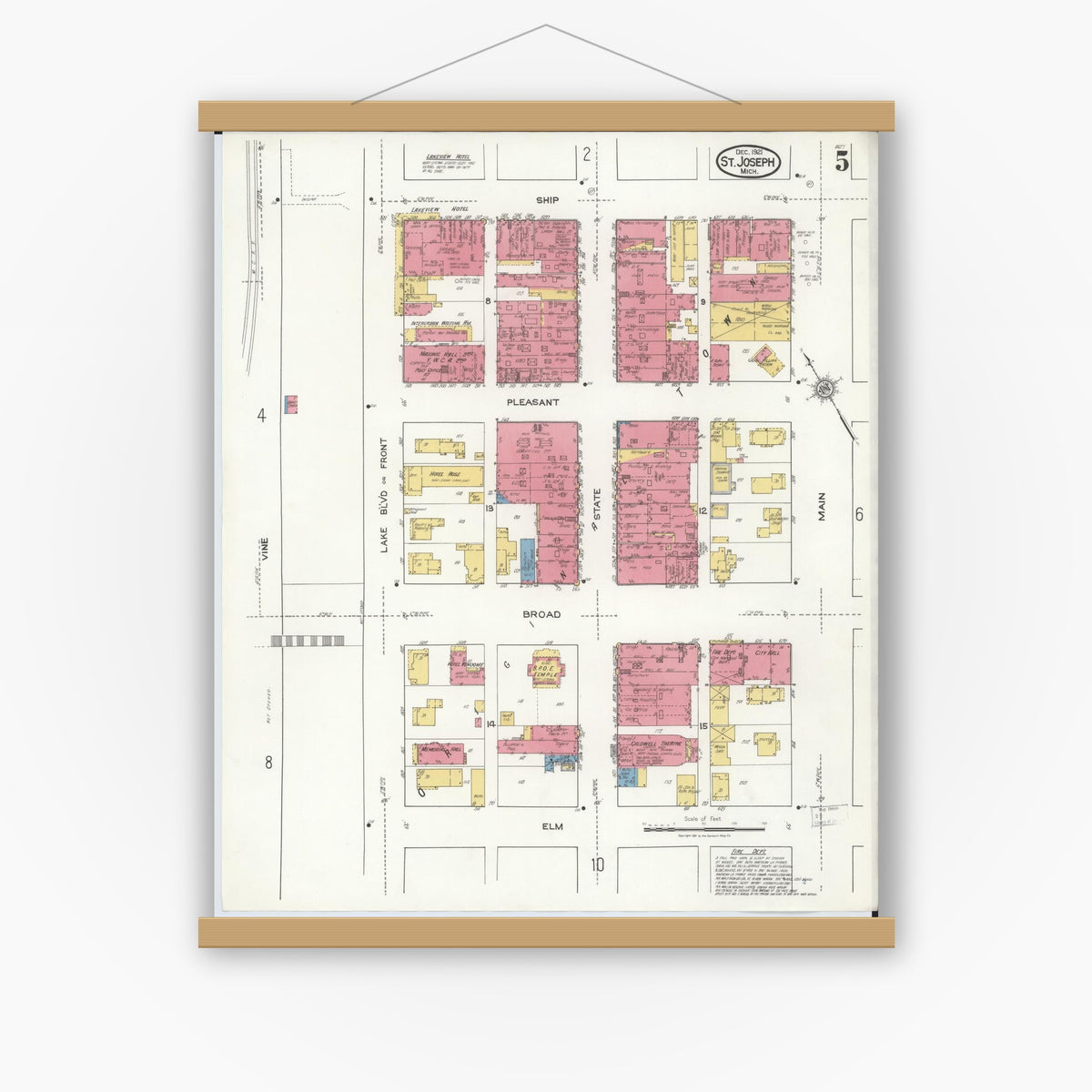 Old map wall art mockup — magnetic wood frame on white wall — Sanborn Fire Insurance Map from Saint Joseph, Berrien County, Michigan (1921), Sheet #0005