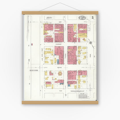 Old map wall art mockup — magnetic wood frame on white wall — Sanborn Fire Insurance Map from Saint Joseph, Berrien County, Michigan (1921), Sheet #0005