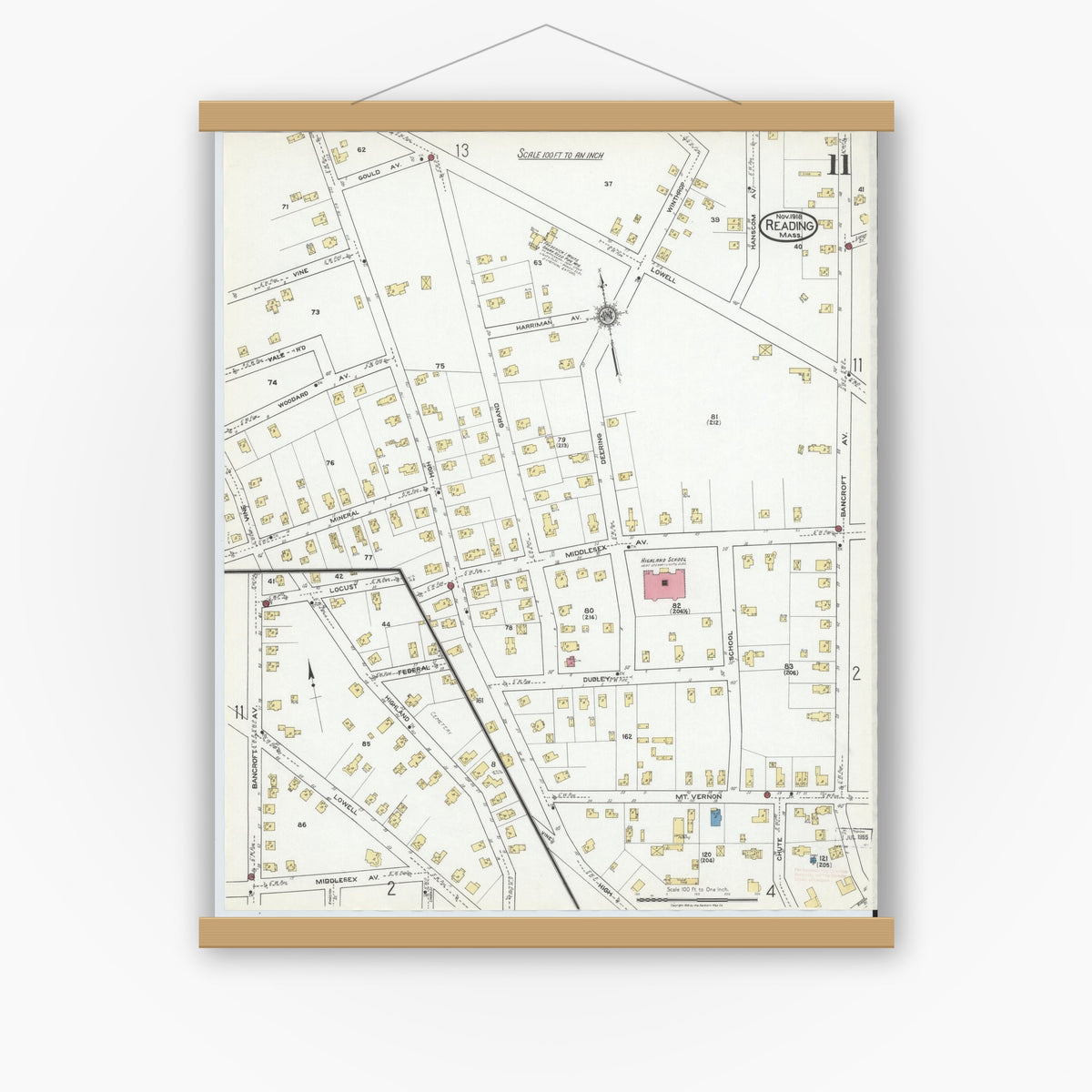 Old map wall art mockup — magnetic wood frame on white wall — Sanborn Fire Insurance Map from Reading, Middlesex County, Massachusetts (1918), Sheet #0011