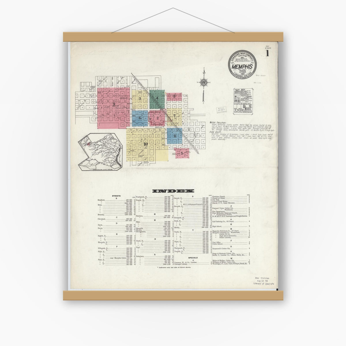 Old map wall art mockup — magnetic wood frame on white wall — Sanborn Fire Insurance Map from Memphis, Hall County, Texas (1920), Sheet #0001