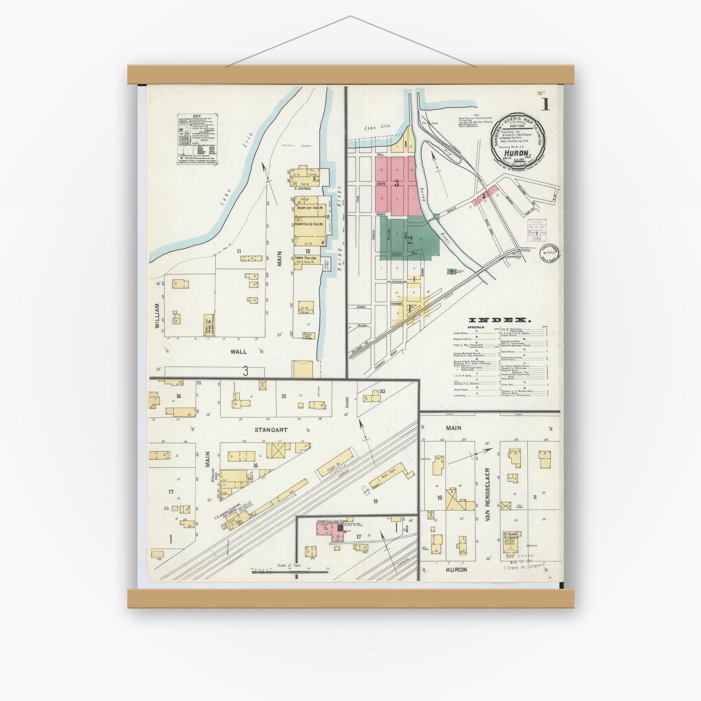 Old map wall art mockup — magnetic wood frame on white wall — Sanborn Fire Insurance Map from Huron, Erie County, Ohio (1901) - Complete Map Set