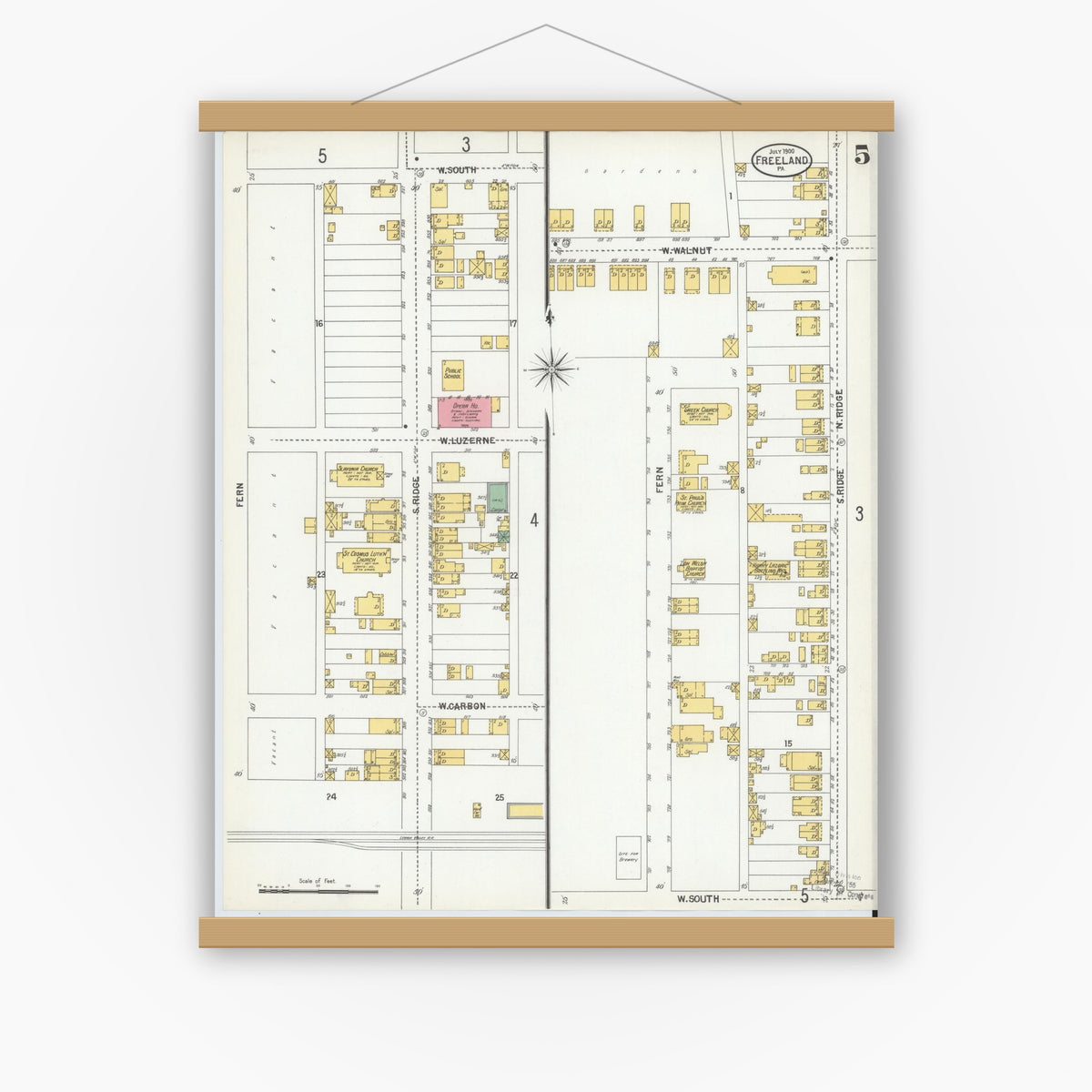 Old map wall art mockup — magnetic wood frame on white wall — Sanborn Fire Insurance Map from Freeland, Luzerne County, Pennsylvania (1900), Sheet #0005