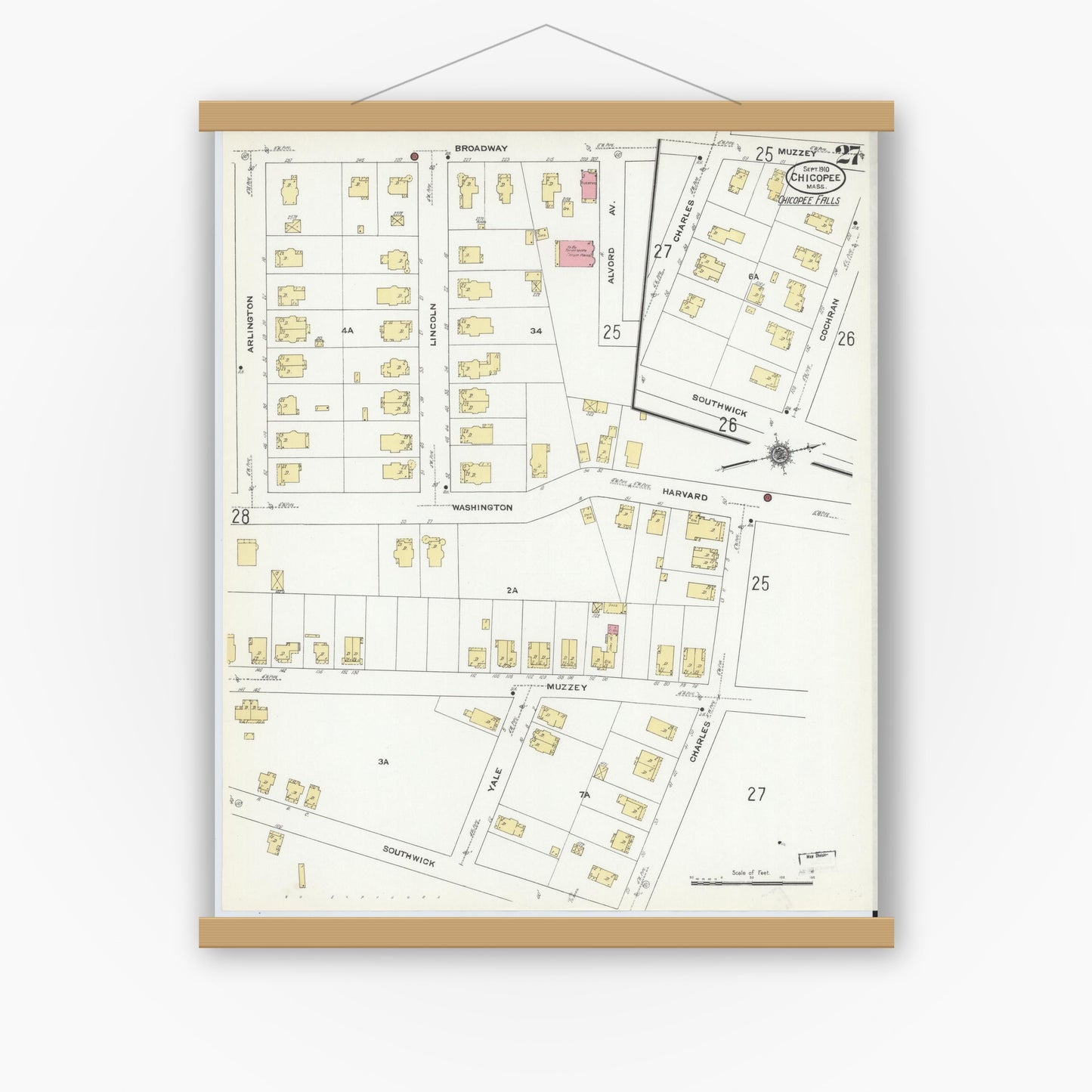 Old map wall art mockup — magnetic wood frame on white wall — Sanborn Fire Insurance Map from Chicopee, Hampden County, Massachusetts (1910), Sheet #0027