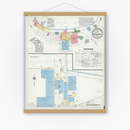 Old map wall art mockup — magnetic wood frame on white wall — Sanborn Fire Insurance Map from Munising, Alger County, Michigan (1917), Sheet #0001