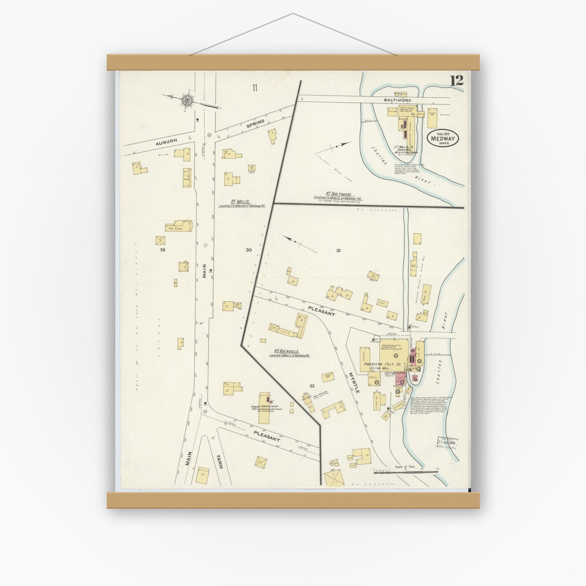 Old map wall art mockup — magnetic wood frame on white wall — Sanborn Fire Insurance Map from Medway, Norfolk County, Massachusetts (1910), Sheet #0012