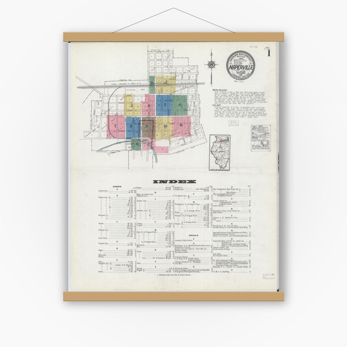 Old map wall art mockup — magnetic wood frame on white wall — Sanborn Fire Insurance Map from Naperville, Du Page County, Illinois (1921) - Complete Map Set