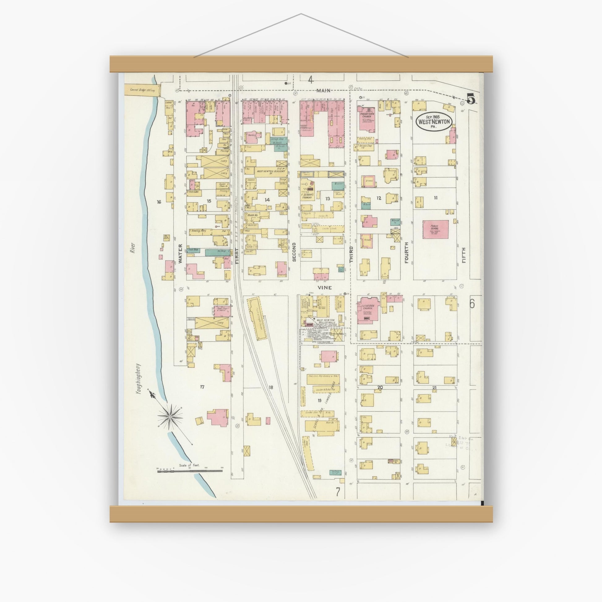 Old map wall art mockup — magnetic wood frame on white wall — Sanborn Fire Insurance Map from West Newton, Westmoreland County, Pennsylvania (1905), Sheet #0005