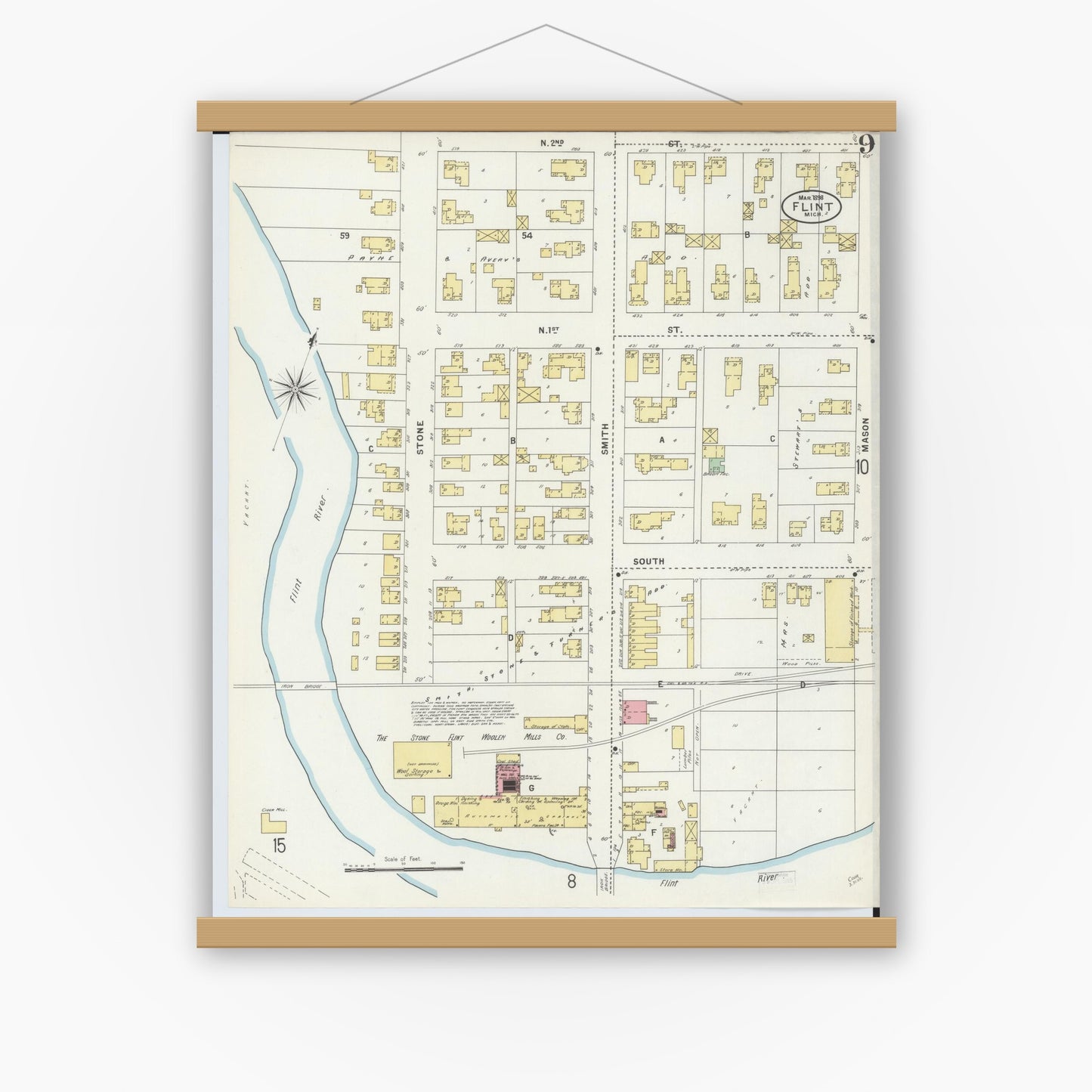 Old map wall art mockup — magnetic wood frame on white wall — Sanborn Fire Insurance Map from Flint, Genesee County, Michigan (1898), Sheet #0009