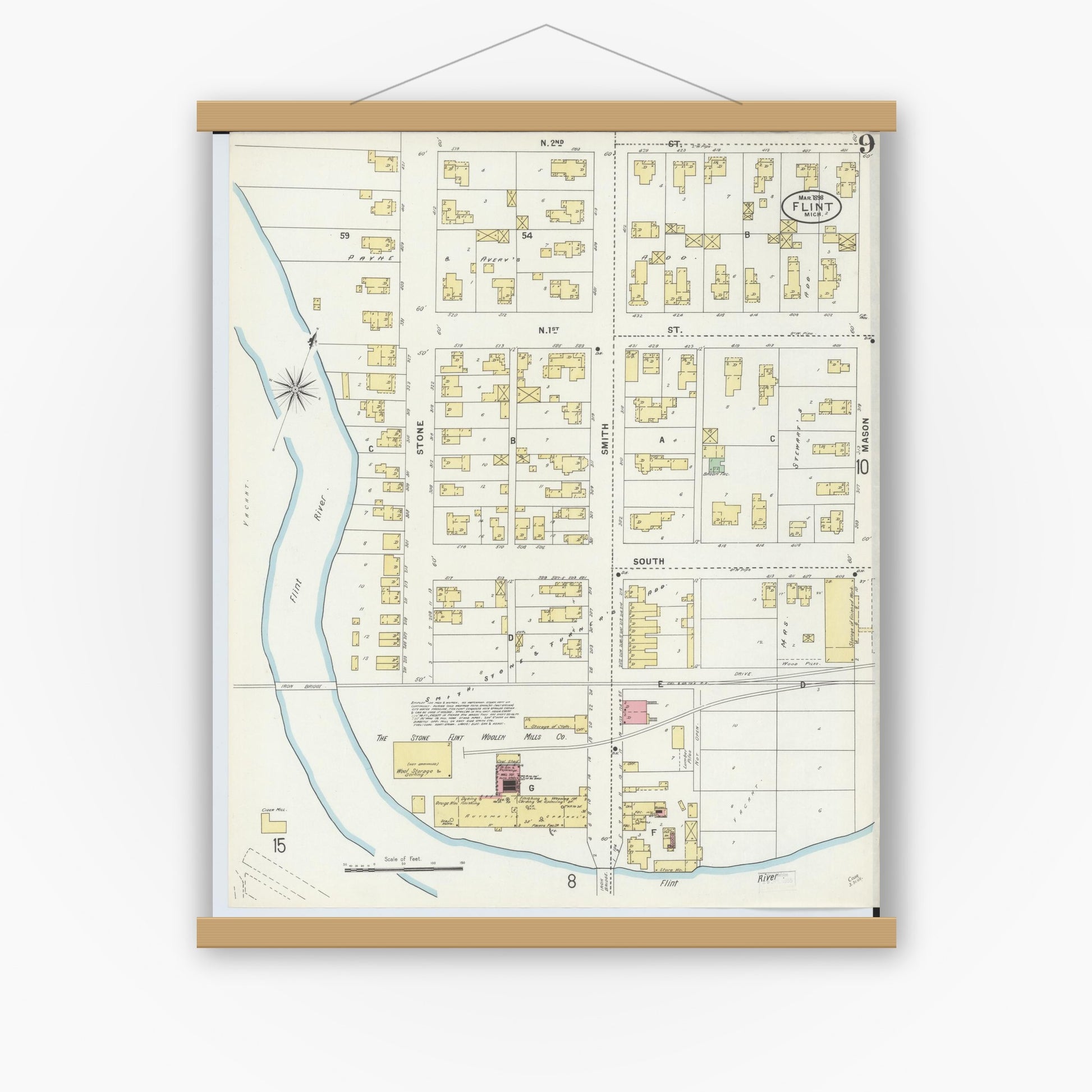 Old map wall art mockup — magnetic wood frame on white wall — Sanborn Fire Insurance Map from Flint, Genesee County, Michigan (1898), Sheet #0009