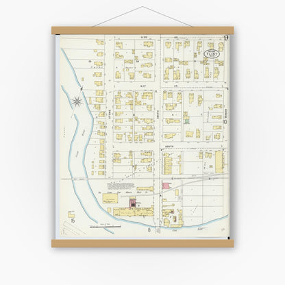Old map wall art mockup — magnetic wood frame on white wall — Sanborn Fire Insurance Map from Flint, Genesee County, Michigan (1898), Sheet #0009