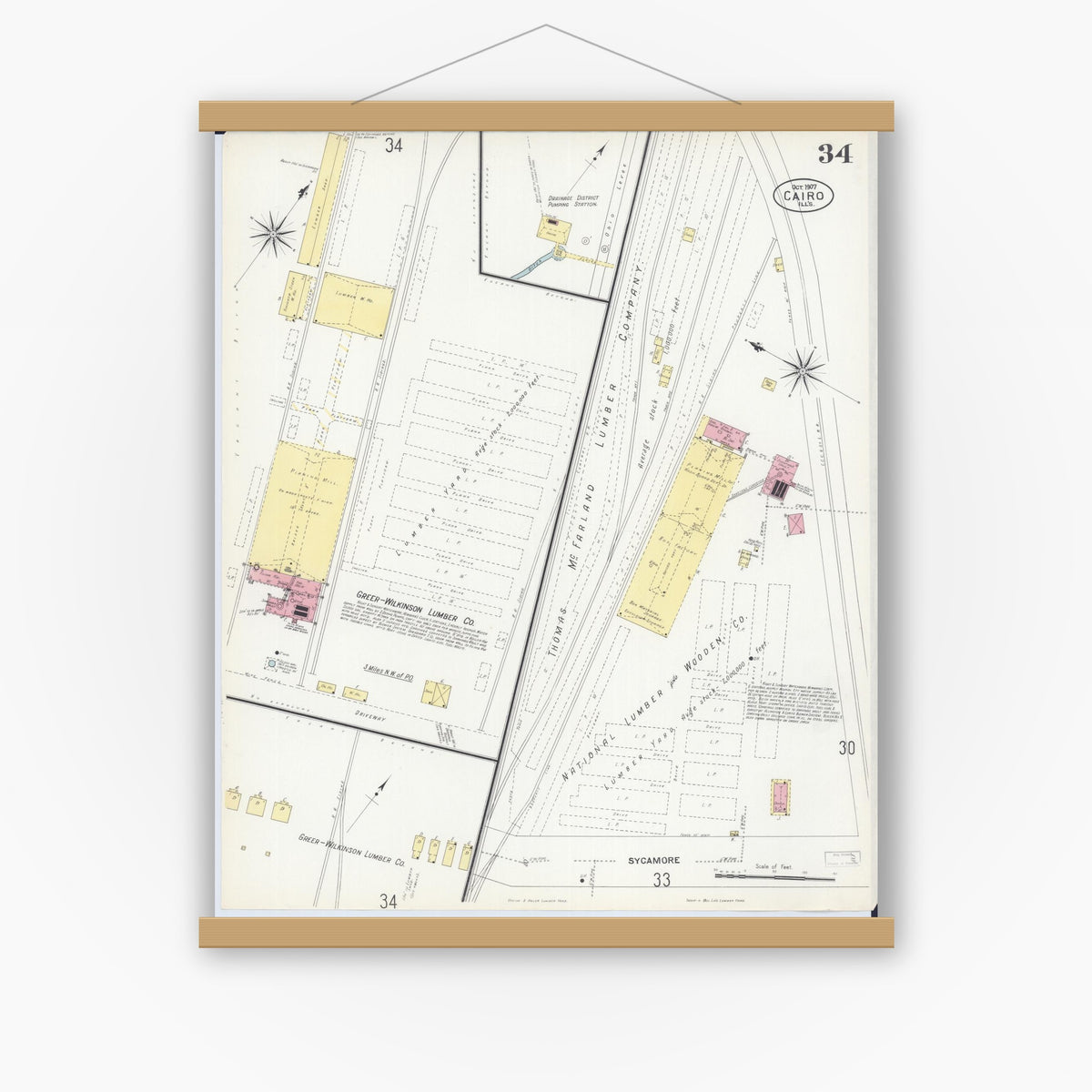 Old map wall art mockup — magnetic wood frame on white wall — Sanborn Fire Insurance Map from Cairo, Alexander County, Illinois (1907), Sheet #0034