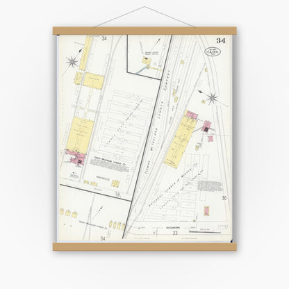 Old map wall art mockup — magnetic wood frame on white wall — Sanborn Fire Insurance Map from Cairo, Alexander County, Illinois (1907), Sheet #0034