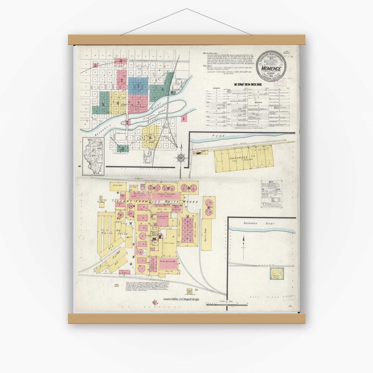 Old map wall art mockup — magnetic wood frame on white wall — Sanborn Fire Insurance Map from Momence, Kankakee County, Illinois (1913) - Complete Map Set