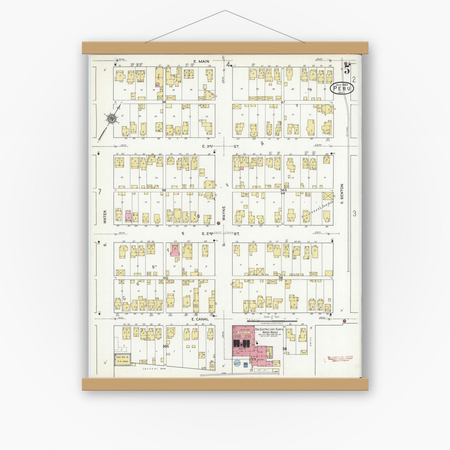 Old map wall art mockup — magnetic wood frame on white wall — Sanborn Fire Insurance Map from Peru, Miami County, Indiana (1920), Sheet #0005