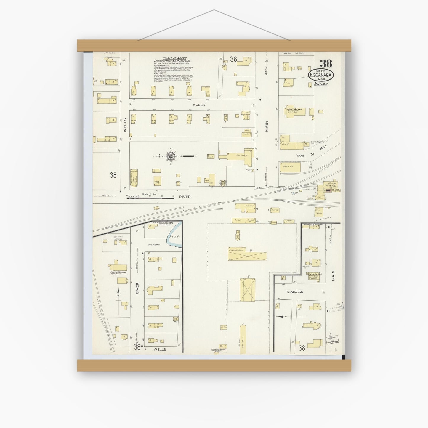 Old map wall art mockup — magnetic wood frame on white wall — Sanborn Fire Insurance Map from Escanaba, Delta County, Michigan (1913), Sheet #0038