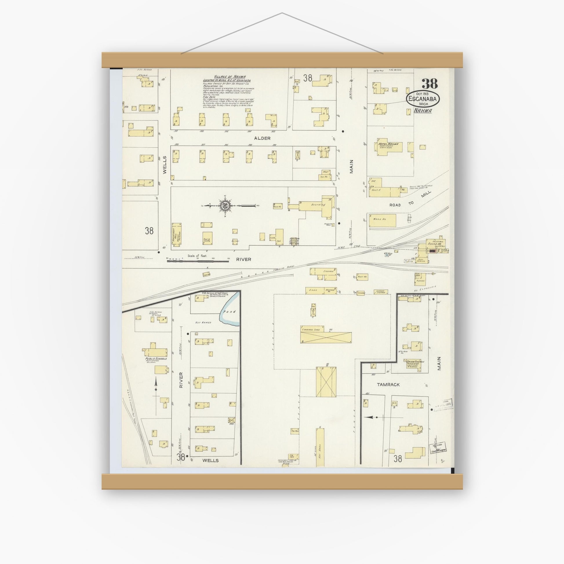 Old map wall art mockup — magnetic wood frame on white wall — Sanborn Fire Insurance Map from Escanaba, Delta County, Michigan (1913), Sheet #0038