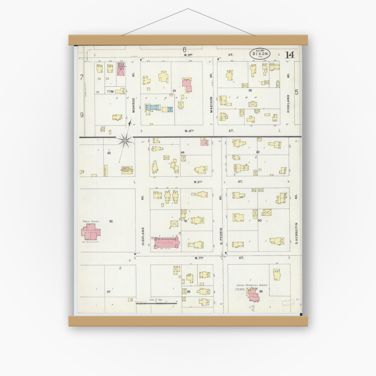 Old map wall art mockup — magnetic wood frame on white wall — Sanborn Fire Insurance Map from Dixon, Lee County, Illinois (1897), Sheet #0014