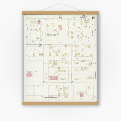 Old map wall art mockup — magnetic wood frame on white wall — Sanborn Fire Insurance Map from Dixon, Lee County, Illinois (1897), Sheet #0014