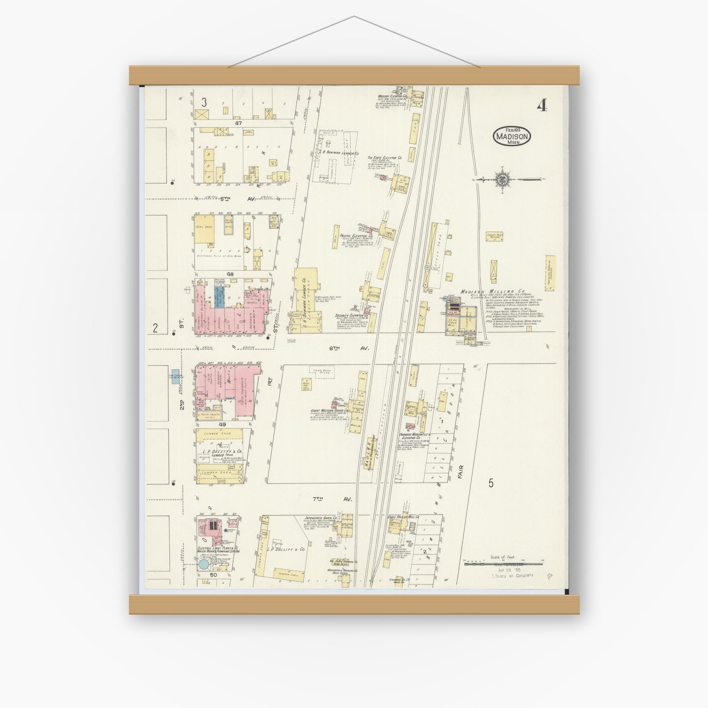 Old map wall art mockup — magnetic wood frame on white wall — Sanborn Fire Insurance Map from Madison, Lac Qui Parle County, Minnesota (1913), Sheet #0004