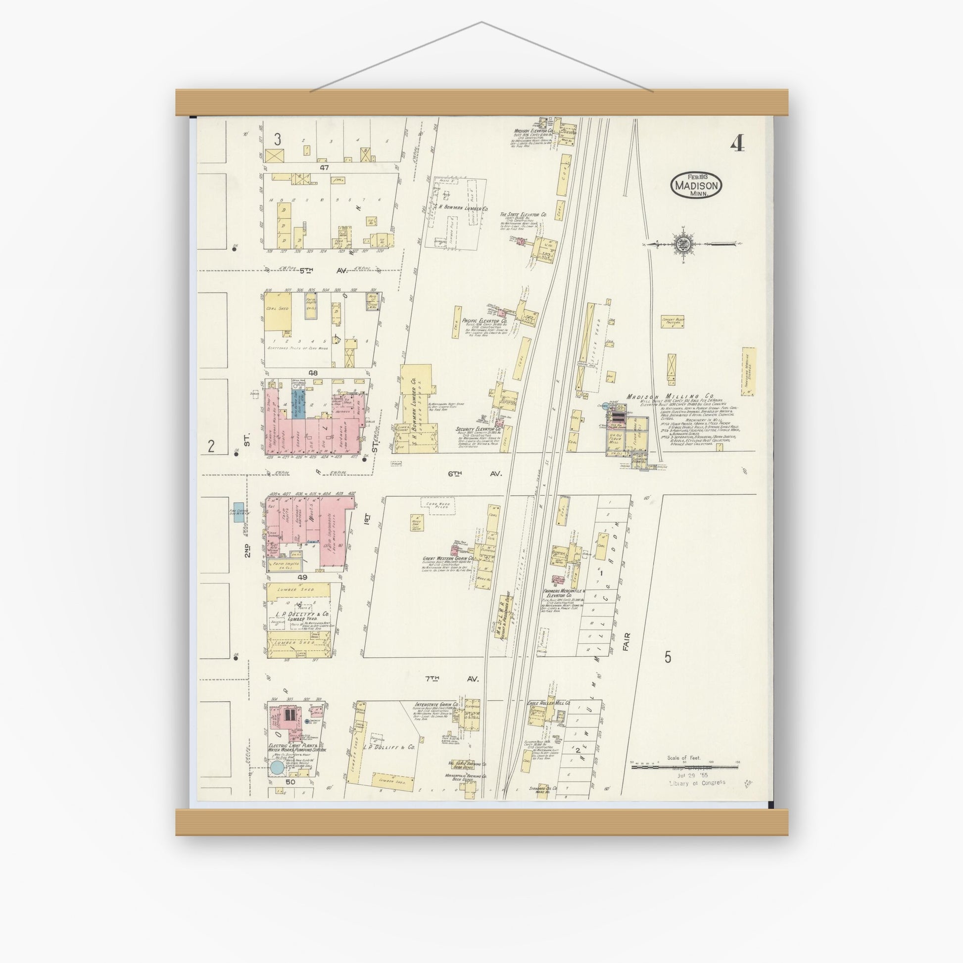 Old map wall art mockup — magnetic wood frame on white wall — Sanborn Fire Insurance Map from Madison, Lac Qui Parle County, Minnesota (1913), Sheet #0004