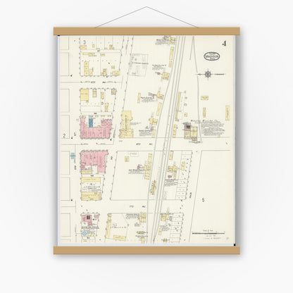 Old map wall art mockup — magnetic wood frame on white wall — Sanborn Fire Insurance Map from Madison, Lac Qui Parle County, Minnesota (1913), Sheet #0004