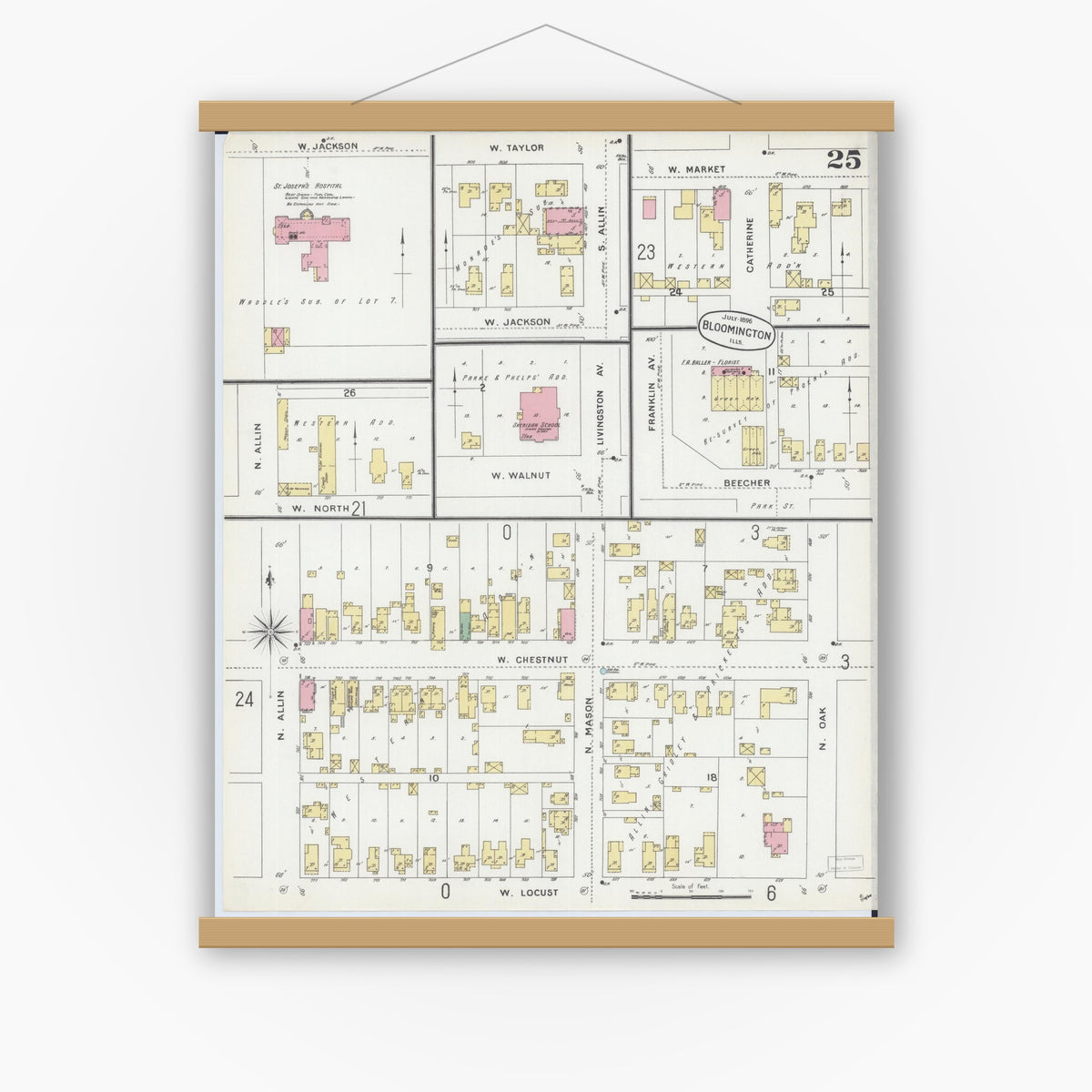 Old map wall art mockup — magnetic wood frame on white wall — Sanborn Fire Insurance Map from Bloomington, McLean County, Illinois (1896), Sheet #0025