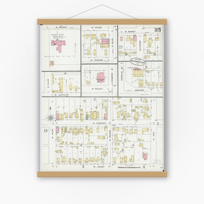Old map wall art mockup — magnetic wood frame on white wall — Sanborn Fire Insurance Map from Bloomington, McLean County, Illinois (1896), Sheet #0025