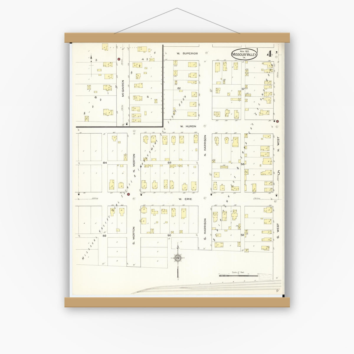 Old map wall art mockup — magnetic wood frame on white wall — Sanborn Fire Insurance Map from Missouri Valley, Harrison County, Iowa (1913), Sheet #0004