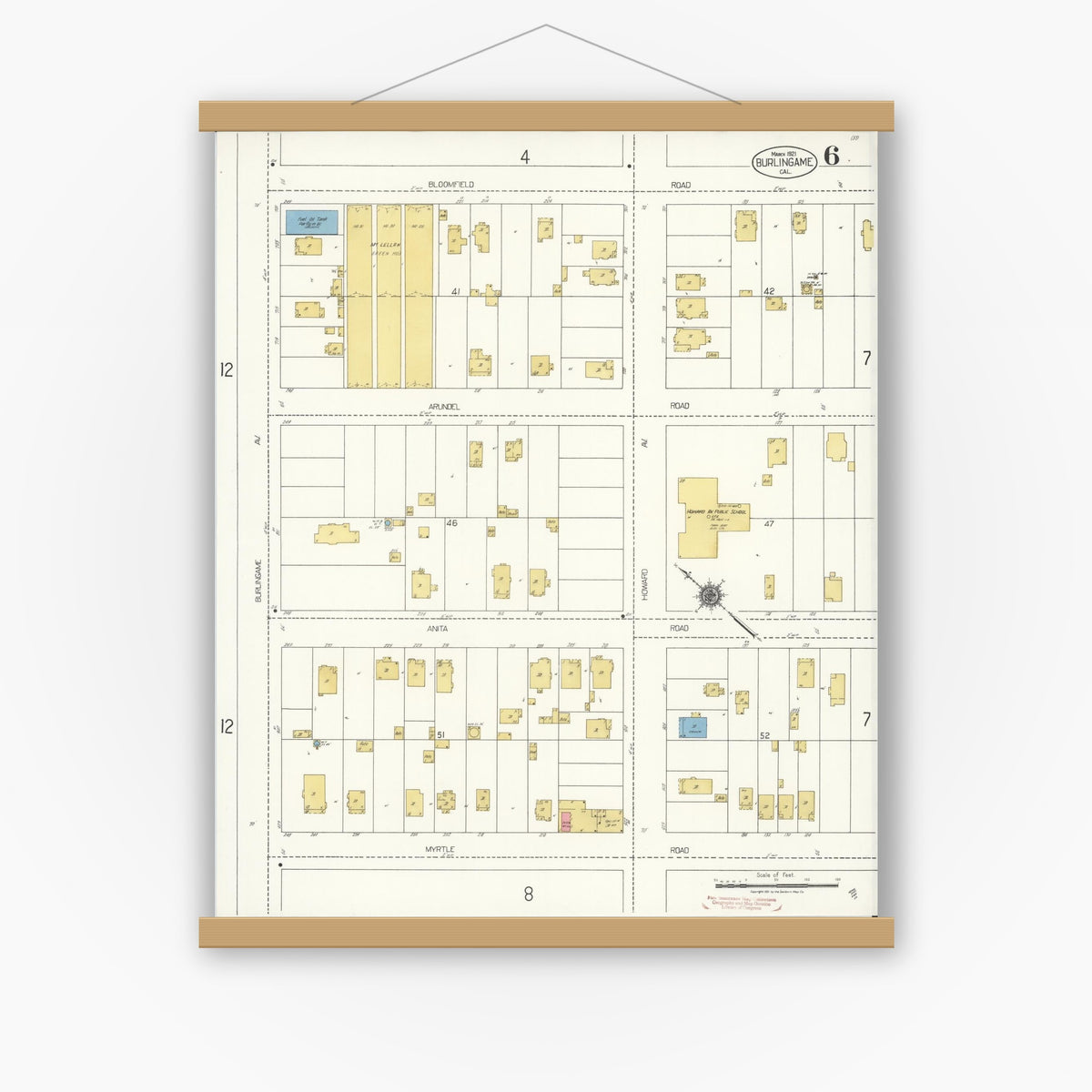 Old map wall art mockup — magnetic wood frame on white wall — Sanborn Fire Insurance Map from Burlingame, San Mateo County, California (1921), Sheet #0006